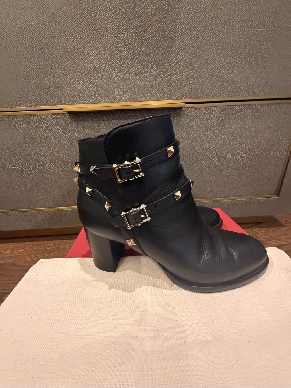 Valentino Garavani Black Leather Studded Buckle Ankle Boots (originally $1400)